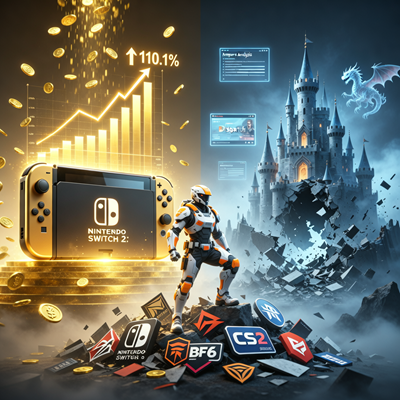 Аллегорическое изображение игровой индустрии ноября 2025 года. Слева — сияющая консоль Nintendo Switch 2 на фоне взлетающих графиков доходов и золотого дождя из монет, символизирующая рекордный финансовый успех. Справа — разрушающаяся Пиксельная Крепость