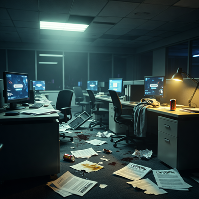 Пустой офис с документами на столах, символизирующий увольнения и утечки данных в игровой студии.
