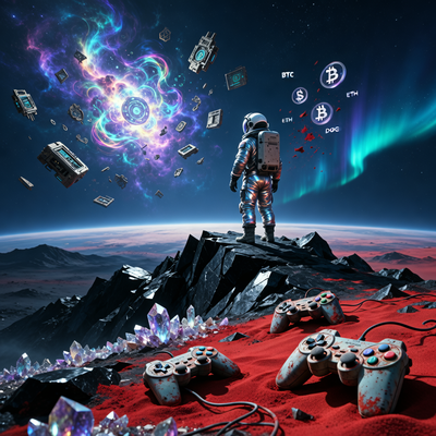 Иллюстрация провала монетизации игры Revenge of the Savage Planet: астронавт на пустынной планете смотрит на недостижимые сокровища, символизируя разочарование от низких продаж DLC в Game Pass.