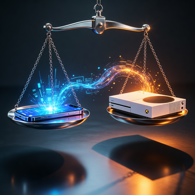 Визуальная метафора баланса между мобильными и консольными проектами игровой студии Shift Up с драматическим освещением