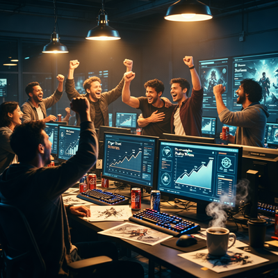 Драматичная сцена в игровой студии с разработчиками, празднующими успех нового интерактивного мультсериала Dispatch, кинематографичное освещение подчеркивает эмоциональный момент триумфа