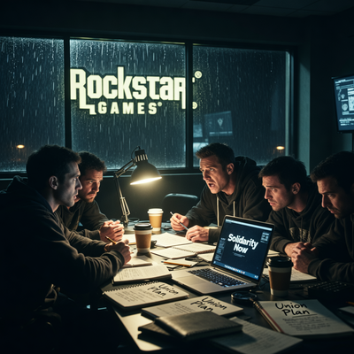 Драматичная сцена с разработчиками игр в полумраке офиса, символизирующая конфликт между профсоюзом и руководством Rockstar Games из-за увольнений сотрудников.