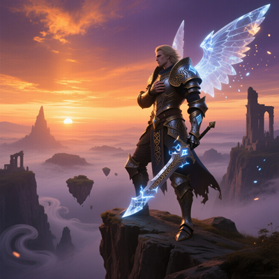 Мощный персонаж из Aion в сияющих доспешах и эфирных крыльях стоит на фоне яркого заката на краю утёса, взирая на фантастический мир Атреи.