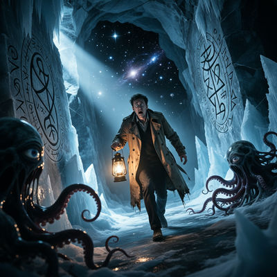 Журналист исследующий ледяные катакомбы с лавкрафтовскими ужасами в хоррор-игре Aeon of Madness