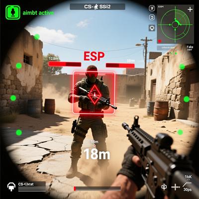 Вид от первого лица из игры CS:GO на карте de_dust2: экран читера с включенным аимботом, автоматически наводящим прицел на голову вражеского игрока. Вокруг противника — красные ESP-рамки, полоска здоровья и отображение дистанции. Фон: пыльная улица с каме