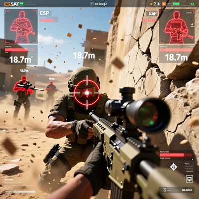 Вид от первого лица из игры CS:GO на карте de_dust2: экран читера с включенным аимботом, автоматически наводящим прицел на голову вражеского игрока. Вокруг противника — красные ESP-рамки, полоска здоровья и отображение дистанции.