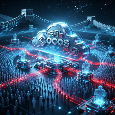 Визуализация интеграции игрового движка Cocos в облачную платформу SUD с драматическим освещением, символизирующая новые возможности для разработчиков