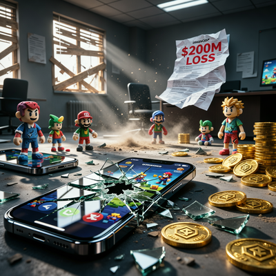 Разрушенная игровая империя с разбросанными персонажами и монетами, символизирующая многомиллионные убытки от закрытия мобильной игры