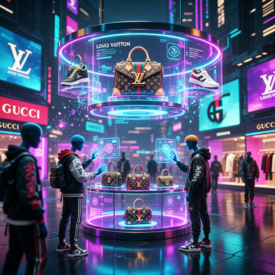 Футуристическая цифровая сцена слияния игрового мира и брендов Louis Vuitton и Gucci, символизирующая новую маркетинговую реальность игровых коллабораций
