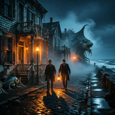 Исследователи в проклятом прибрежном городе Инсмут ночью, с драматическим освещением от мерцающих фонарей и туманом среди разрушающейся архитектуры