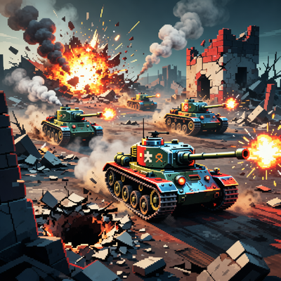 Изображение многопользовательской битвы танков в стиле ретро-игры с разрушаемым окружением и тактическими элементами.