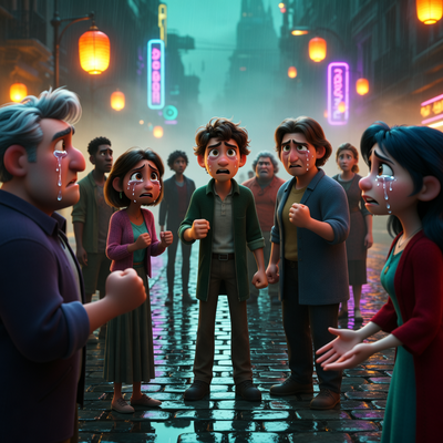 Кинематографичная сцена из интерактивного мультсериала Dispatch с эмоциональными персонажами и драматическим освещением в стиле Pixar