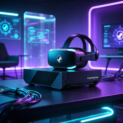 Новая Steam Machine и автономный VR-шлем Steam Frame в кинематографичной обстановке с драматическим освещением, представляющие независимую игровую экосистему Valve.