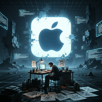 Драматическая сцена: разработчик игр в цифровом ландшафте, подавленный холодным светом иконки App Store, символизирующей несправедливые блокировки.