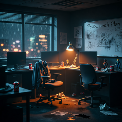 Пустой офис игровой студии Splash Damage с драматическим освещением, символизирующий сокращения штата после возвращения независимости.