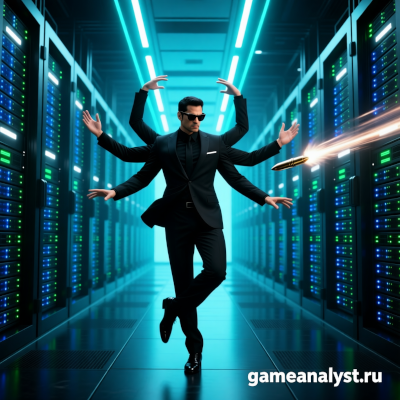 Мужчина в строгом черном деловом костюме и темных очках находится внутри современного дата-центра с рядами серверных стоек, подсвеченных синими и зелеными огоньками. У него шесть рук, которые двигаются плавно и динамично, как у божества. Он в замедленном