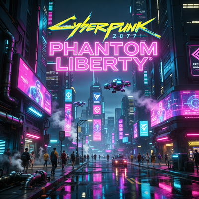 Футуристический киберпанк-город ночью с неоновыми огнями и голографической рекламой, символизирующий триумфальное возвращение Cyberpunk 2077.