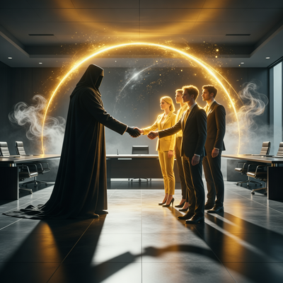 Символическое изображение сделки Embracer Group: передача управления Arc Games и Cryptic Studios новым владельцам на фоне драматического освещения.