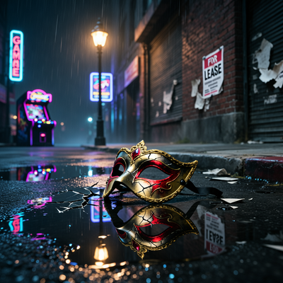 Разбитая маска вампира на мокрой ночной улице, символизирующая провал амбициозного игрового проекта Bloodlines 2 и финансовые потери.