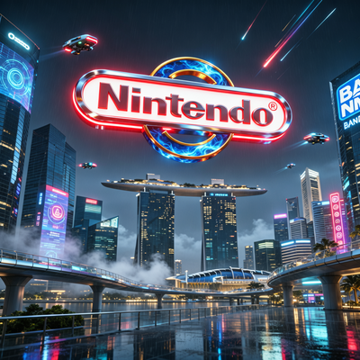 Слияние логотипов Nintendo и Bandai Namco в футуристическом ночном Сингапуре, символизирующее приобретение студии.