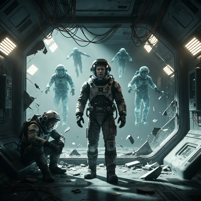 Астронавт в поврежденной космической станции с призрачными версиями самого себя на фоне, символизирующими механику игры The Alters.