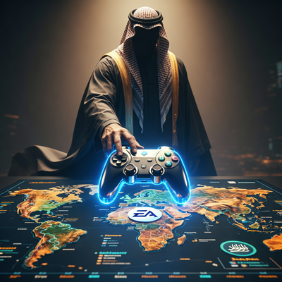 Символическое изображение приобретения Electronic Arts Саудовской Аравией: теневая фигура устанавливает контроллер на карту игровой индустрии с логотипом EA.