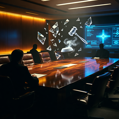 Драматическая сцена в корпоративном зале заседаний Bungie с резким освещением, символизирующая урегулирование скандала с плагиатом в игре Marathon.