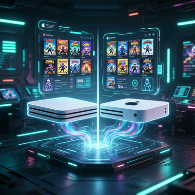 Визуализация интеграции VK Play и Steam: единое игровое окно с библиотекой игр, символизирующее стратегию ассимиляции платформ.