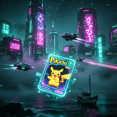 Кинематографичная сцена, объединяющая элементы из лучших игр 2025 года по версии Apple: футуристический киберпанк-город, парящая цифровая карта покемона и таинственная рыбацкая лодка в туманном океане.