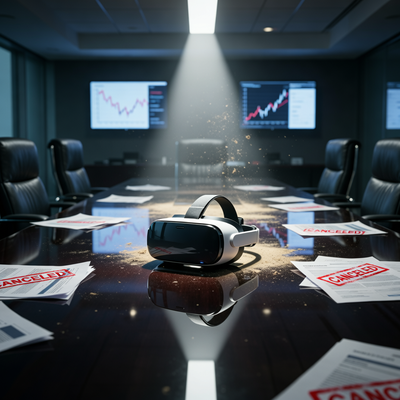 Заброшенная VR-гарнитура на столе в тёмном переговорном зале, символизирующая сокращение бюджета Meta на метавселенную.