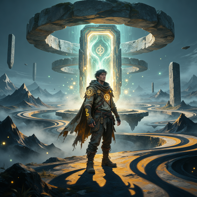 Стилизованное под живопись импрессионистов изображение из игры Clair Obscur: Expedition 33: одинокий искатель перед таинственным порталом в сюрреалистическом, цикличном пейзаже с драматическим освещением.