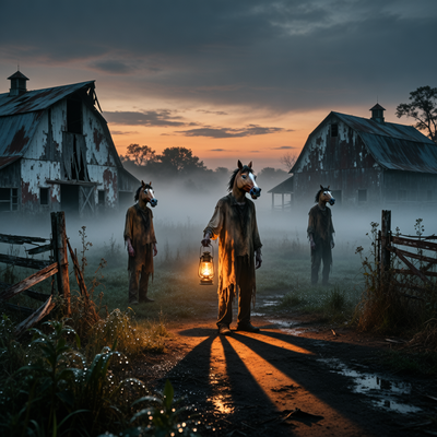 Мрачная ферма в сумерках с людьми в масках лошадей, стоящими в туманном поле, символизирующая конфликт инди-студии Santa Ragione с Valve.