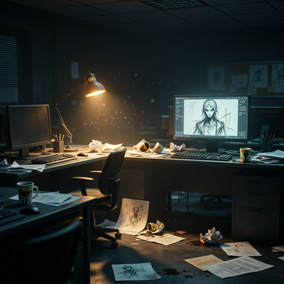 Пустой офис студии Eidos-Montréal ночью с драматическим освещением, символизирующий кризис и сокращения в игровой индустрии.