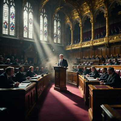 Драматическая сцена в британском парламенте, где парламентарий выступает на слушаниях о трудовом конфликте в Rockstar Games, символизируя переход корпоративного спора в политическую плоскость.