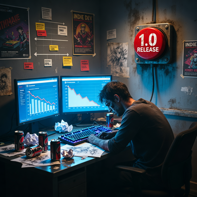 Уставший разработчик игр за столом смотрит на график падения доходов в Steam после релиза версии 1.0, на стене висит отключенная кнопка 'Релиз 1.0'.
