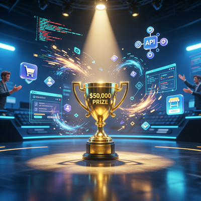 Драматичная сцена финала конкурса Web Shop Arena с центральным трофеем и символами монетизации мобильных игр в кинематографическом стиле.