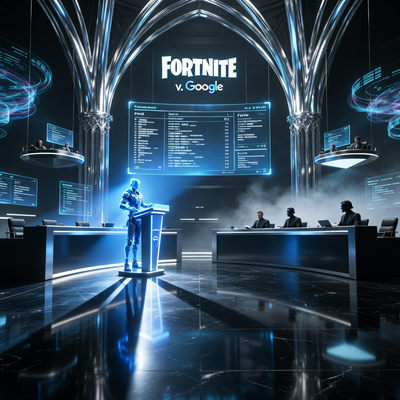 Драматическая сцена судебного заседания в футуристическом зале суда, символизирующая тактический ход Epic Games по возвращению Fortnite в Google Play в США в рамках юридической войны.