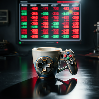 Стилизованная чашка кофе с геймпадом на фоне биржевого табло, символизирующая выход Coffee Stain Group на биржу как независимой компании.