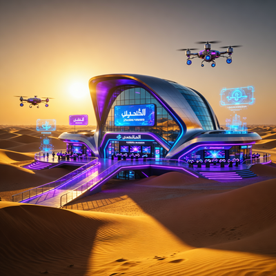 Футуристический игровой хаб, возвышающийся в пустыне Эр-Рияда, символизирующий амбициозные планы Саудовской Аравии по созданию мировой игровой империи.