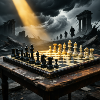 Драматичная сцена с нардами на фоне темного интерьера, символизирующая стратегию выживания инди-студии в игровой индустрии.