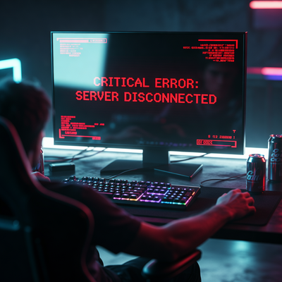 Изображение: компьютерный монитор с застывшим экраном игры PIONER, показывающим ошибку, в темной комнате с драматическим освещением, символизирующее технический провал релиза.