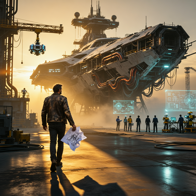 Драматическая сцена ухода креативного директора от незавершённого космического корабля в научно-фантастической вселенной, символизирующая переход лидера на новый этап.