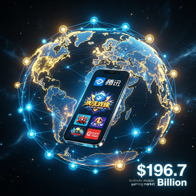 Визуализация роста рынка видеоигр до 196,7 млрд долларов к 2025 году, с акцентом на мобильный сегмент и влияние компаний Tencent и Century Games.