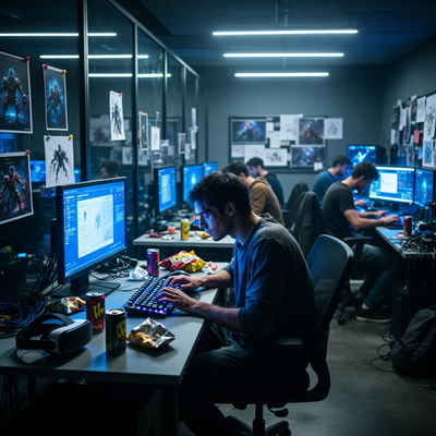 Ночная сцена в офисе разработки игр с уставшими сотрудниками за мониторами, символизирующая кранч-культуру в индустрии.