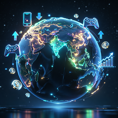 Футуристическое изображение глобуса, наклоненного в сторону Азии и Ближнего Востока, символизирующее смещение центра игровой индустрии на Восток с элементами мобильного гейминга.