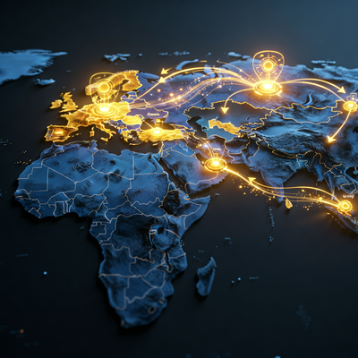 Глобальная карта с подсвеченными узлами в России, Сербии, Кипре, Армении, Казахстане и ОАЭ, соединенными потоками данных, символизирующая новую географию и зарплатные парадоксы русскоязычного геймдева.