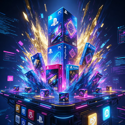 Визуализация взрывного роста продаж игр на маркетплейсе: мощная платформа с коробками ПК-игр и PlayStation, символизирующая перераспределение рынка.