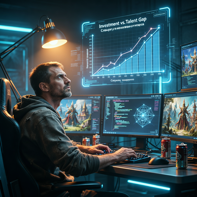 Российский гейм-разработчик за рабочим местом с голографическим графиком, символизирующим проблемы индустрии: нехватку кадров и инвестиций.