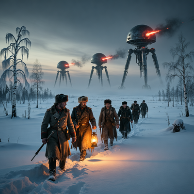 Сцена из игры 'Война Миров: Сибирь' с марсианскими треножниками на фоне заснеженного сибирского пейзажа и выжившими в XIX веке.