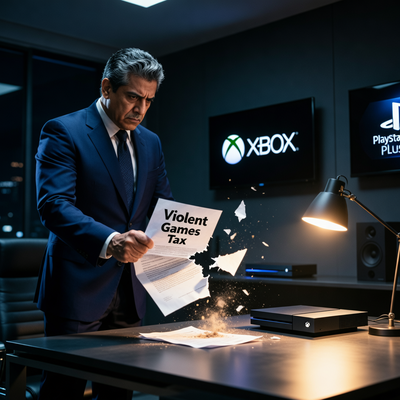 Мексиканский чиновник в кабинете разрывает документ о налоге на жестокие игры, на фоне видны консоль и логотипы игровых подписок.